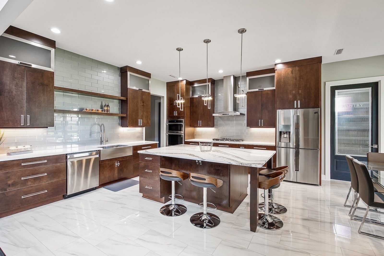 Detail of cabinet doors and hardware in a finished kitchen