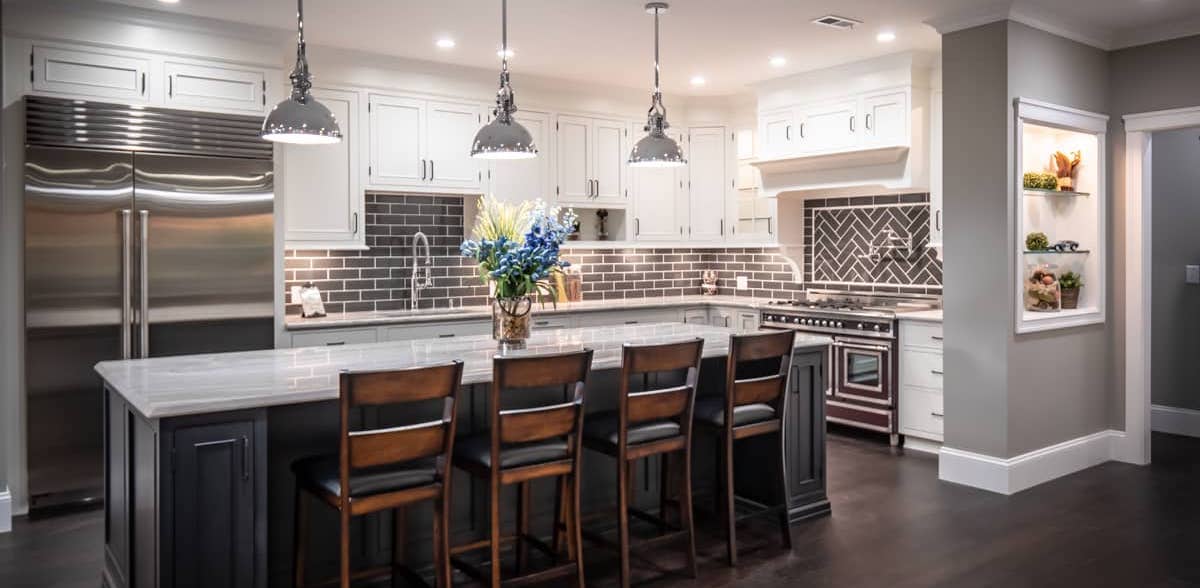 Detail of custom cabinetry and stonework in the renovated carriage house